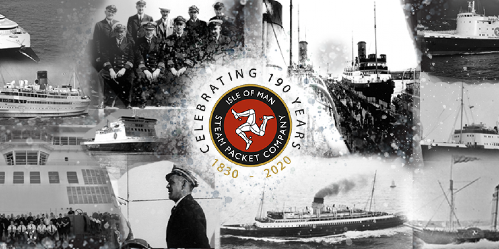 Montage of black and white photos of Steam Packet Company vessels with red, black and gold Steam Packet Company 190th anniversary logo centred in the middle