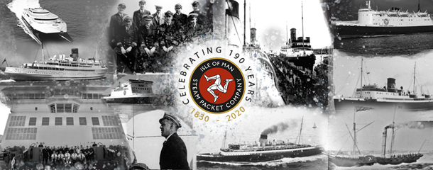 Montage of black and white photos of Steam Packet Company vessels with red, black and gold Steam Packet Company 190th anniversary logo centred in the middle