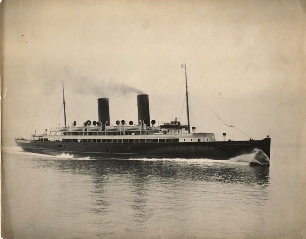 A black and white photo of one of the Steam Packet Company’s older vessels called Ben-my-Chree [3] on cal waters