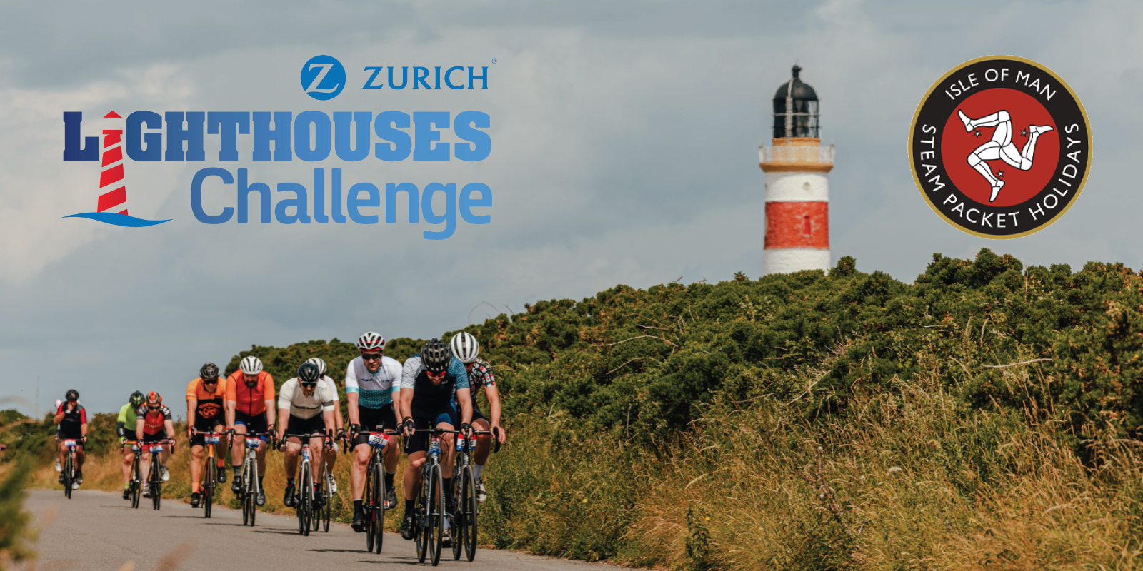 Poster with multiple cyclist on the road with a grassy side path and lighthouse in the background