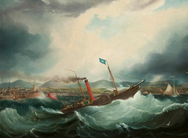 A painting of Steam Packet Company vessel Mona’s Isle in choppy waters by artist Samuel Walters