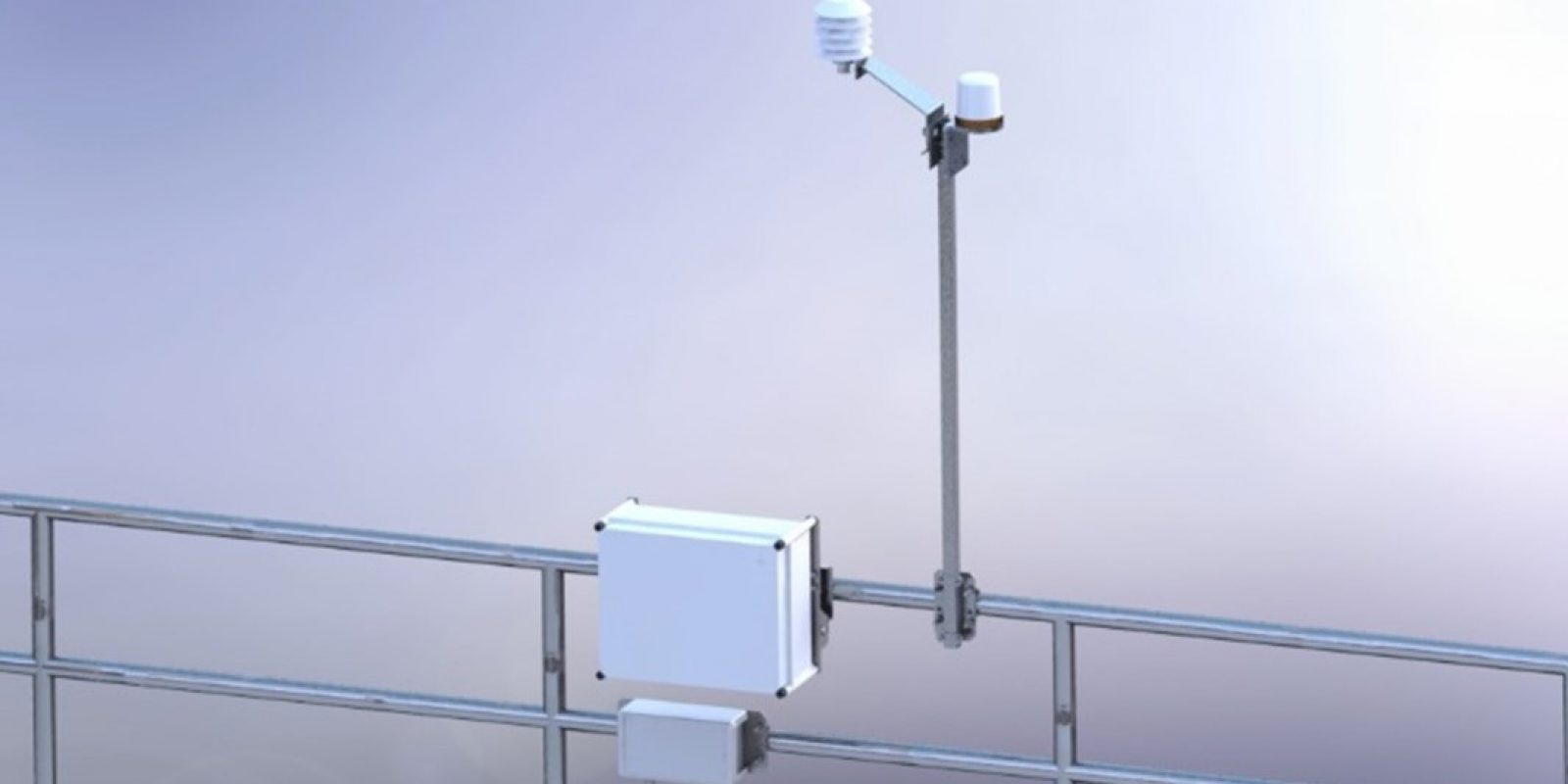 Computer generated image of a typical Met Office automatic weather station on a ship railing.