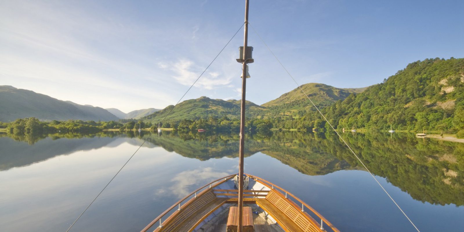 Illswater Streamers, Lake District, Cumbrai, England. Front of small boat visible with beautiful lake in view.